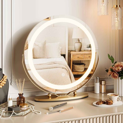 GarveeHome 19 in Vanity Mirror with Lights, Round Large LED Vanity Mirror with Smart Touch 3 Colors Dimmable, Touch Lighting, 360° Rotation for Dressing Room & Bedroom Tabletop, Easy Assembly(Gold)