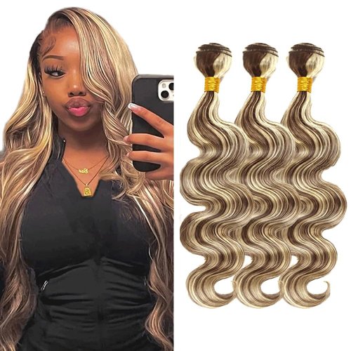 P4/613 Human Hair Ombre Body Wave Bundles - Brazilian Virgin Hair 16-20 Inch, Two Tone Color #4 Mixed With 613 Body Wave Bundles