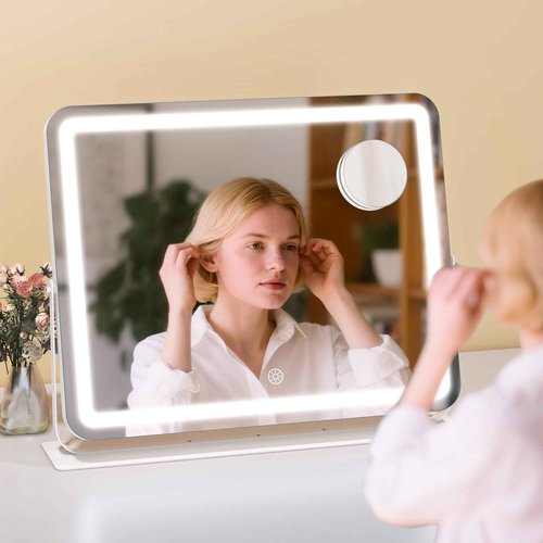 MINISO Vanity Mirror with Lights, 20" x 16" LED Makeup Mirror, Light & Brightness Adjustment, Smart Sensor, 360°Rotation, Aluminum Alloy Metal White Frame, with 10X Magnifying Glass