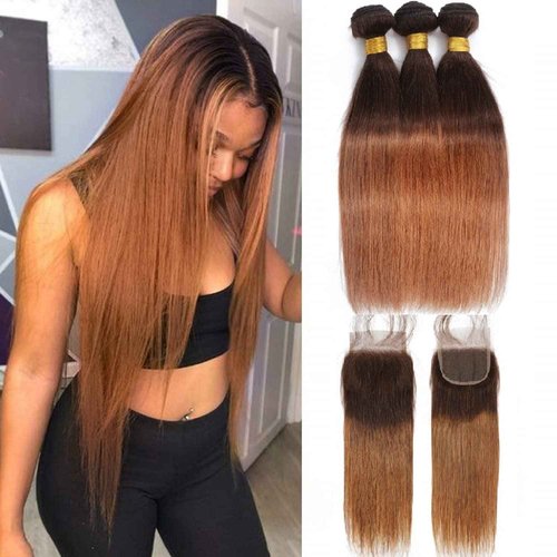 Ombre Straight Hair Bundles With Closure 12A Brazilian Virgin Remy Human Hair 2 Tone T4/30 Ombre Straight Human Hair Bundles with 4x4 Lace Closure Free Part (12 14 16 +12)