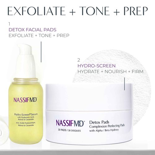 NassifMD Detox Pads & Hydro Screen Serum Bundle, Exfoliate & Hydrate, Glycolic Acid Pads & Retinol Serum, Face Exfoliating Pads & Ceramide Serum