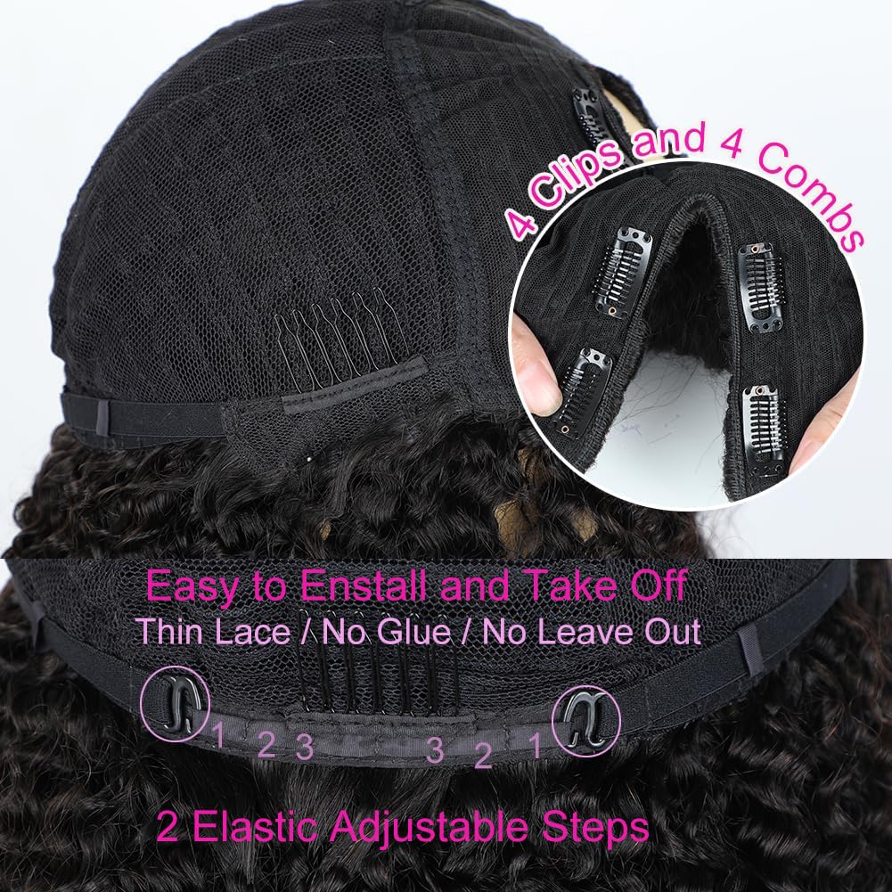 18 Inch V Part Wig Human Hair Curly,V Part KinkyCurly Wig for Women,Glueless Elastic Drawstring No Leave Out No Sew in Upgrade U Part Full Head Clip in Natural Black 12A Human Hair 200% Density