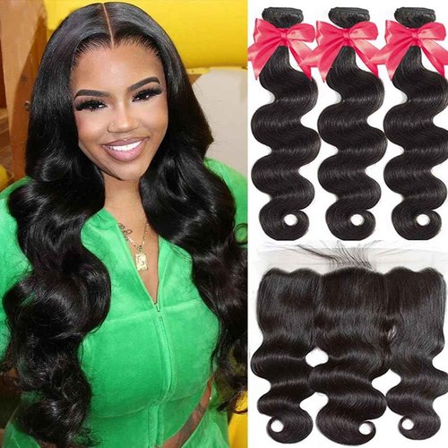 Body Wave 3 Bundles with Frontal (14 16 18+14, Bundles with Frontal) 100% Unprocessed Brazilian Body Wave Human Hair Weave with 13x4 Free Part Lace Front with Pre-Plucked Baby Hair Natural Color