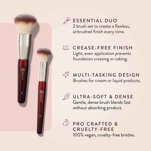 BK BEAUTY - LARGE BUFFER & ROUND FOUNDATION (2PC) - Professional Makeup Brush Set for Liquid or Cream Foundations, Powder & Blush | Premium Face Brushes for Flawless Application