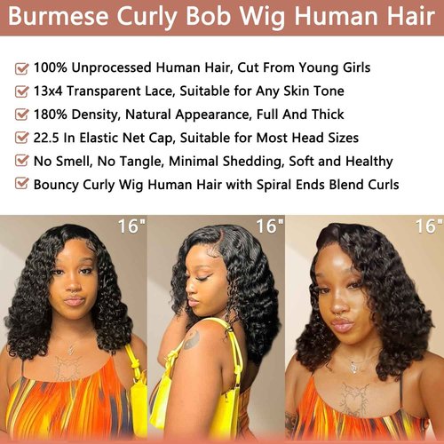 UREMY Burmese Curly Human Hair Wig with Bouncy End, 13x4 Lace Front Bouncy Curly Wigs Human Hair, Water Wave Blend Curly 100% Brazilian Human Hair, Pre Plucked Transparent Lace Natural Color 18 Inch
