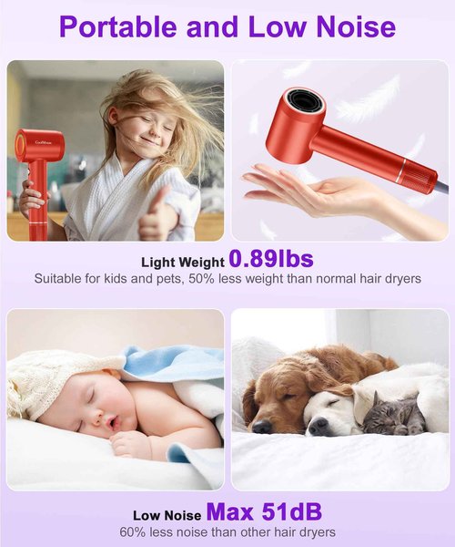 High-Speed Ionic Hair Dryer: 150000 RPM Brushless Motor 500 Millions Negative Ionic Care Blow Dryer for Fast Drying Low Noise Thermo-Control Hairdryer, Travel with Magnetic Diffuser & Nozzle