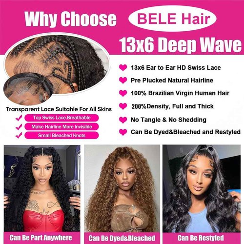 BELE 18 Inch 13x6 Deep Wave Lace Front Wigs Human Hair 200% Density Deep Curly Lace Front Wigs Human Hair Brazilian Vrigin Hair Curly HD Transparent Lace Frontal Wig Pre Plucked with Baby Hair