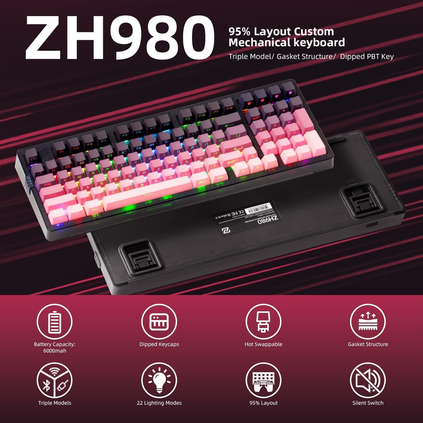 ZORNHER ZH980 Wireless Mechanical Gaming Keyboard,95% Green Hot-Swappable Custom Creamy Keyboard with Number Pad,Lighted Up PBT Dipped Keycaps,Pre-Lubed Linear Switches,RGB Backlit,2.4GHz/USB-C/BT5.0