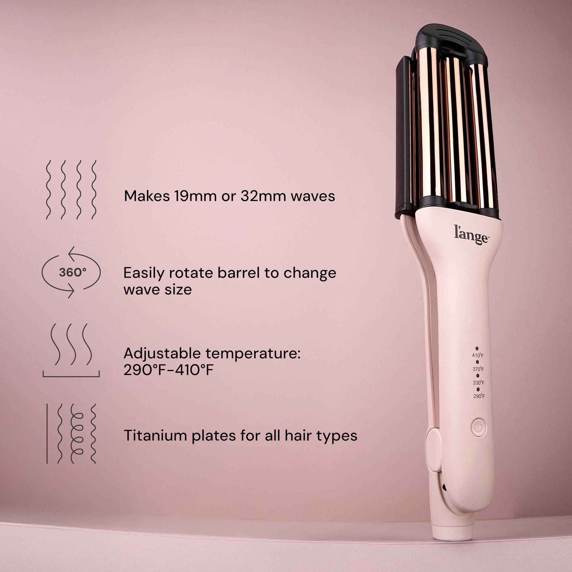 L'ANGE Hair VersaWaver Adjustable Titanium Waver | Pick 19mm or 32mm Waves with 1 Tool | Titanium 3-Barrel Waving Tool | Cool Tip Also Rotates Barrel to Change Wave Lengths (Blush)