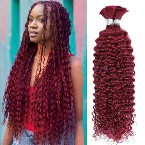 Fabimiya Curly Burgundy Braiding Human Hair 100g 18 Inch 99J Burgundy Deep Water Wave Bulk Human Hair for Braiding 10A No Weft Brazilian Virgin Deep Curly Human Hair Extensions for Boho Braids