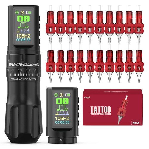 WORMHOLEPRO Tattoo Gun AQUILA Wireless Tattoo Machine Multi-function Tattoo Pen with 20pcs Mixed Sizes #12 Standard 3RL 5RL 5RM 7RM Disposable Finger Ledge Tattoo Needles