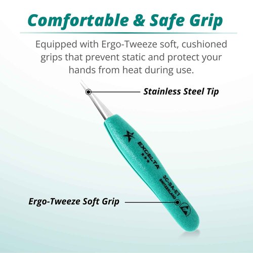 Excelta 3C-SA-ET Straight Very Fine Precision Pointed Tweezers, Ergo-Tweeze TealShield Soft Cushioned Grips, Anti-Magnetic Neverust Stainless Steel, 4.75” Long, Swiss Made, Professional