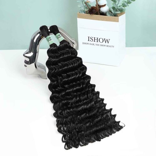 ISHOW Raw Human Braiding Hair, 100% Unprocessed Virgin Human Hair, 15A Deep Wave Boho Hair, 100g 18 Inch (2 Packs), NO.1 Premium Quality Boho Hair Producer, Long Lasting, Color 1B