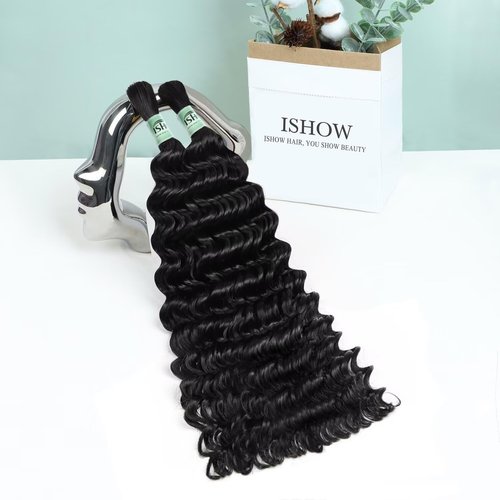 ISHOW Raw Human Braiding Hair, 100% Unprocessed Virgin Human Hair, 15A Deep Wave Boho Hair, 100g 14 Inch (2 Packs), NO.1 Premium Quality Boho Hair Producer, Long Lasting, Color 1B