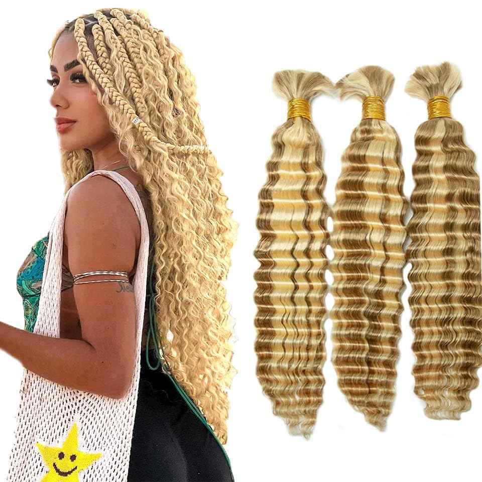 26 Inch P27/613 Highlight Blonde Human Braiding Hair for Boho Braids 150g Deep Wave Bulk Human Hair Knotless Boho Braiding Curly Virgin No Weft Extensions Bohemian Braids 3 Bundles/Pack Caramel
