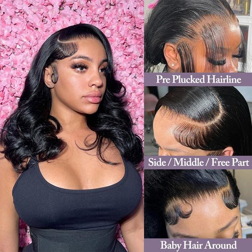 Zojj Bob Wig Human hair 16Inch 13x4 Body Wave HD Lace Front Wigs Human Hair Pre Plucked 180 Density Glueless Human Hair Wigs for Women Frontal Bob Wigs Natural Black Color