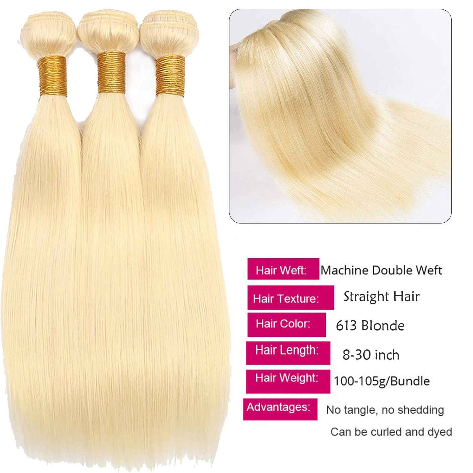 Habiliana Bundles Human Hair 24 26 28 Inch Straight Blonde 613 Human Hair Bundles 11A Unprocessed Brazilian Virgin Quick Weave Hair Extensions for Black Women