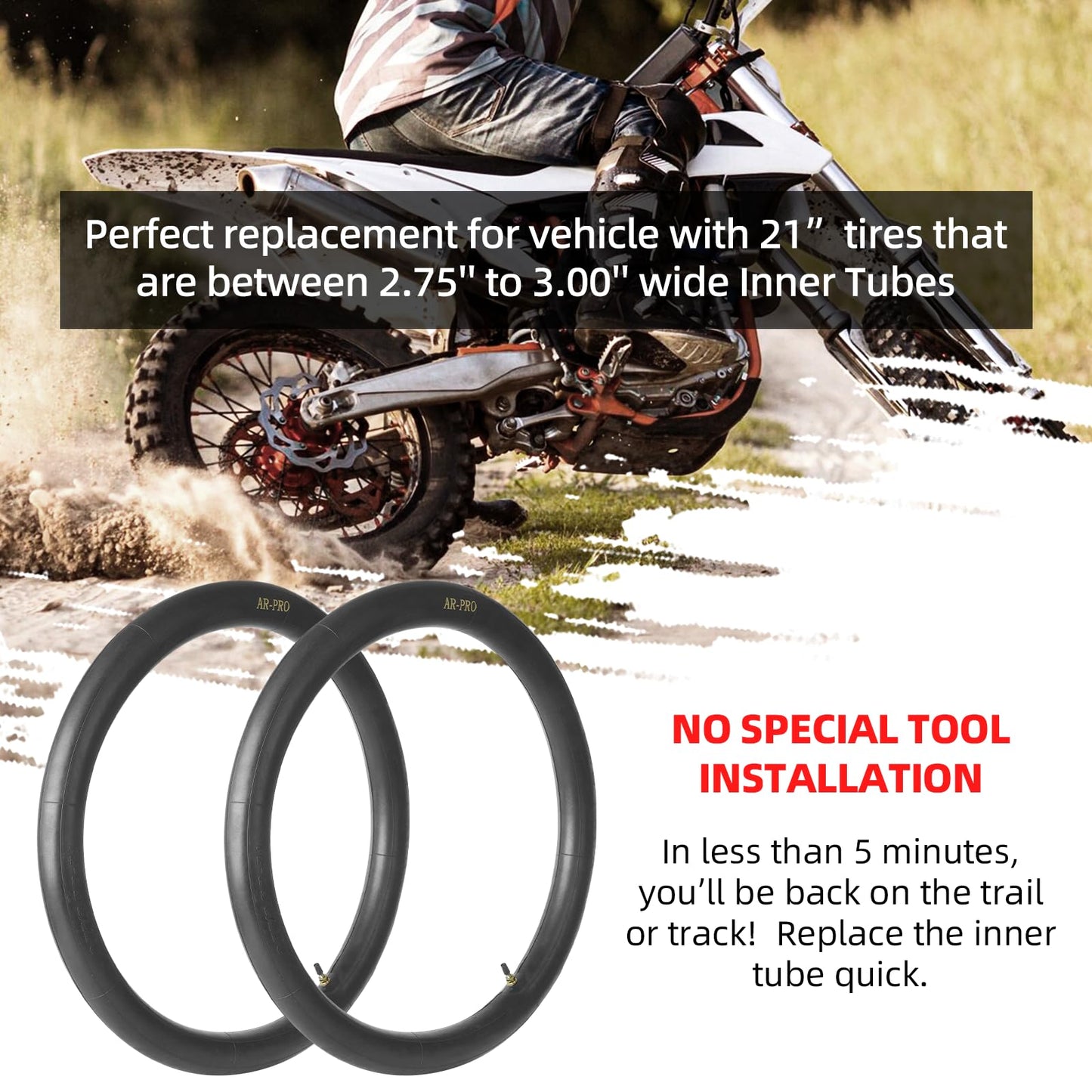 2.75/3.00-21” Replacement Inner Tube 80/100-21(300/325-21) with TR4 Staight Valve Stem, Fits Motorcycle with 21'' Tires (2-Pack) - Made from Heavy Duty, Thick Premium Rubber