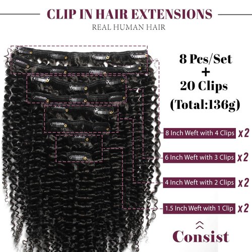 KRN Clip in, 136g 8 pcs Kinky Curly Human Hair Extensions Clip ins for Black Women 12A Natural Black Real Hair Extensions Clips in Human Hair with 20 Clips Easy to Wear 20 Inch