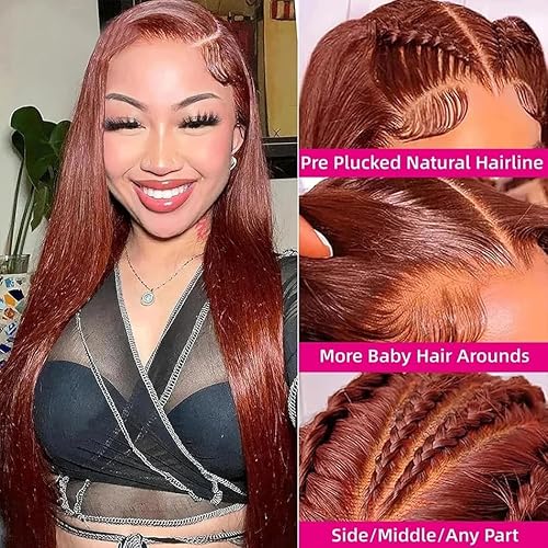 Reddish Brown Lace Front Wigs Human Hair 26inch 180% Density 13x4 Full Frontal Transparent Hd Lace Straight Lace Front Wig Human Hair Reddish Brown Colored Wigs For Black Women Frontal Wig Human Hair