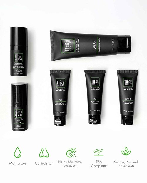 Tiege Hanley Skin Care Set for Men, Anti Aging Routine, System Level 3, Daily Face Wash, Facial Scrub, Two Moisturizers, Eye Cream, and Serum for Healthy, Hydrated Skin, Men’s Skin Care, 6 Piece Kit