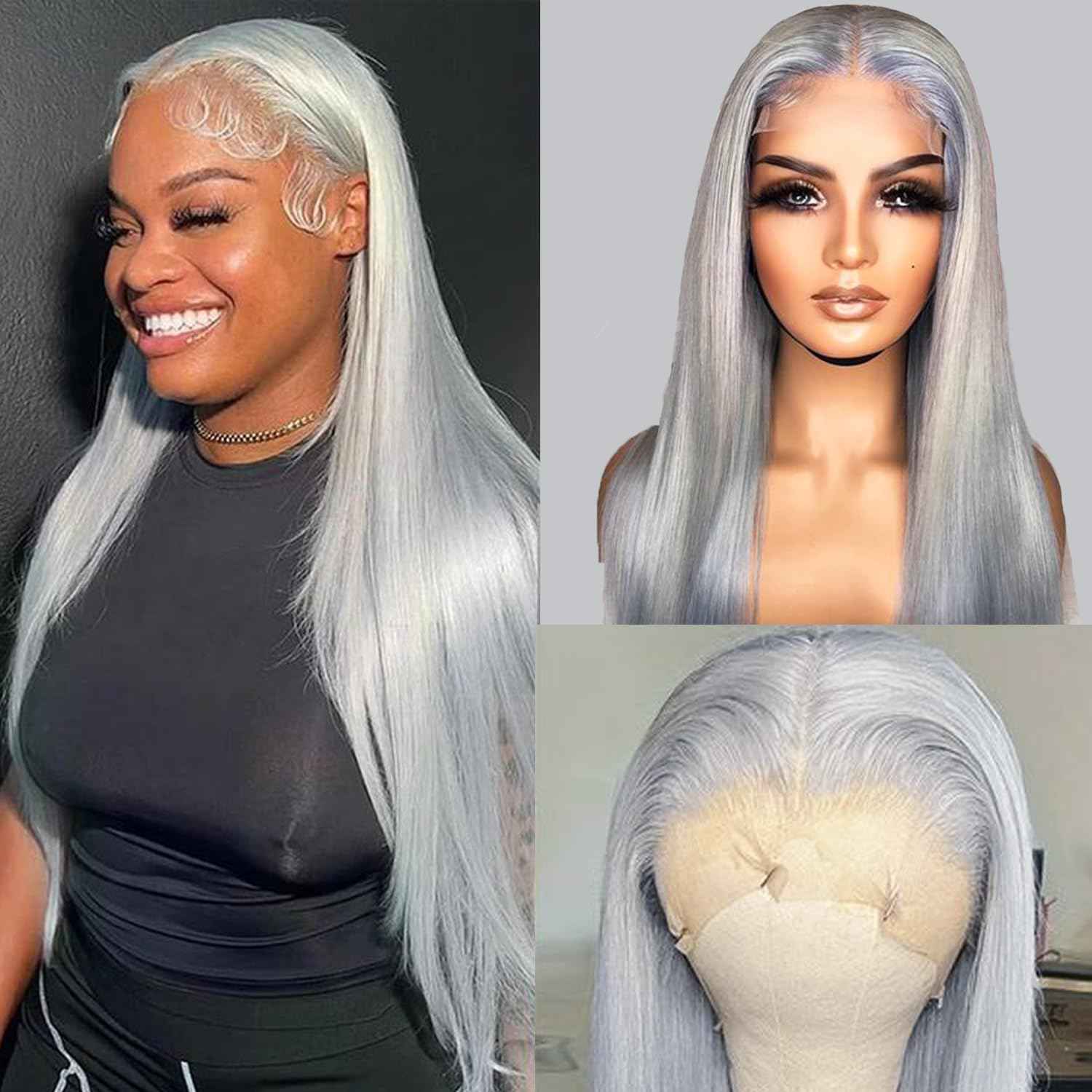 Grey Lace Front Wigs Human Hair, Glueless Grey Wigs Human Hair Pre Plucked HD 13x6 Lace Front Grey Wig for Black Women 180% Density 22 Inch Colored Silver Gray Straight Human Hair Lace Fronal Wig