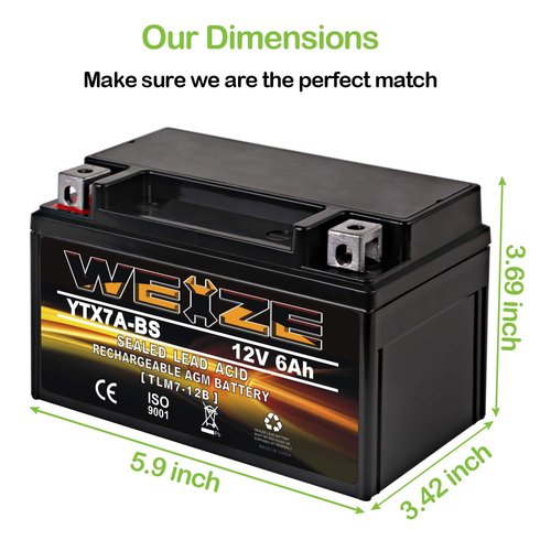 Weize YTX7A-BS High Performance - Maintenance Free - Sealed AGM Motorcycle Battery Compatible with Gas Gy6 Scooter Moped 50CC 125CC