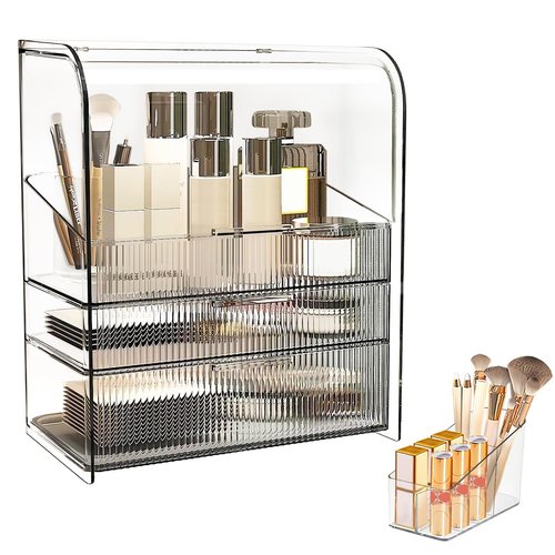 DASITON Clear Cover Dustproof Three layers Storage Box,Makeup Brush Holder,Large Capacity Desktop Storage Box with Drawer,for Beauty Products,Perfume,Jewelry,Nail Polish