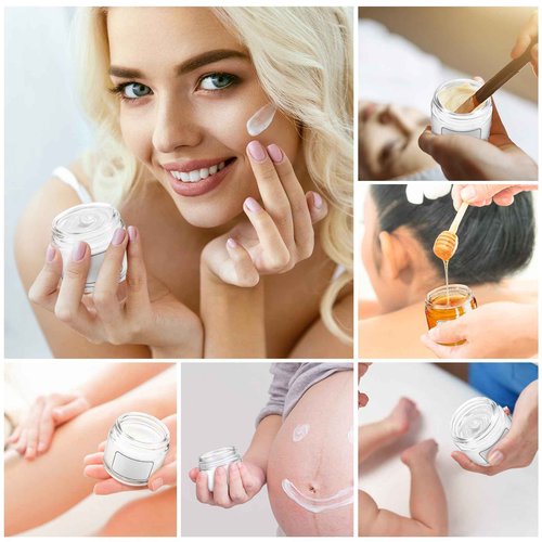 Layhit 64 Pcs 2oz Glass Jars with Lids Clear Small Jars with Plastic Woodgrain Lids, White Labels and Inner Liners Empty Round Cosmetic Containers for Creams Lotions Candle Making (2oz/ 60ml)