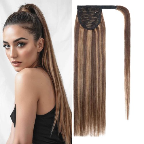 Rich Choices Ponytail Extension 100% Real Human Hair Wrap Around Remy Ponytail Extension for Women Clip In Long Pony tail Extensions Straight 15 Inch #4P27 Medium Brown Highlighted Dark Blonde