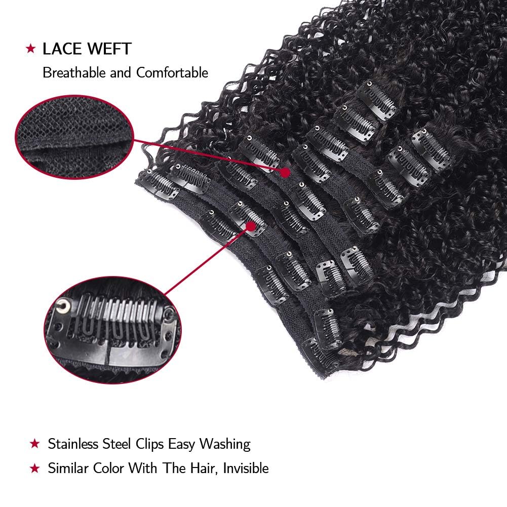 24 Inch Kinky Curly Clip ins Human Hair 110g 8pcs 20 Clips 3C 4A Curly Clip In Hair Extensions Real Human Hair Brazilian Virgin Hair Full Head for Women Natural Black