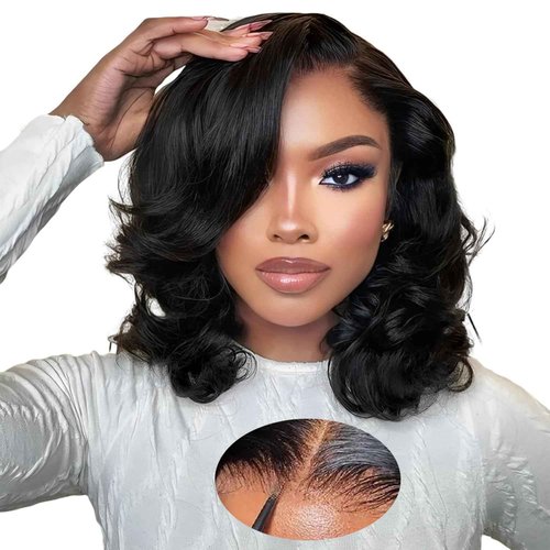 5x8 Glueless Wigs Human Hair Pre Plucked Pre Cut Bob Wig Human Hair 200% Density Body Wave Lace Front Wigs Human Hair HD Closure Wigs Short Bob Wigs for Black Women Wear and Go Glueless Wig 14 Inch