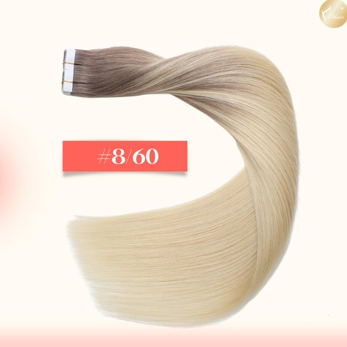 XDhair Invisble Tape in Hair Extensions Human Hair 22 Inch 50g 20pcs Light Brown to Platinum Blonde Invisible Tape in Human Hair Extensions (22, #8/60)