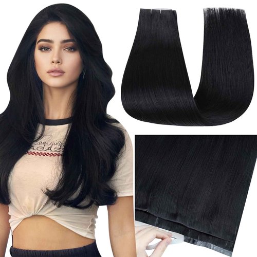 Full Shine Genius Weft Tape in Hair Extensions Color 1 Jet Black Wide Double Weft Tape in Extensions Real Human Hair Seamless Invisible PU Long Weft Hair Extensions 24Inch 50G Daily Office Look