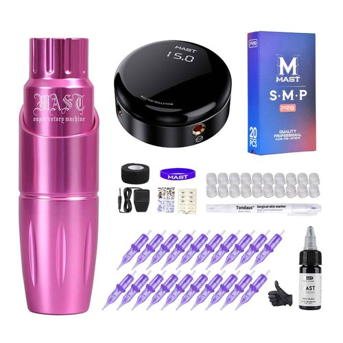 Mast Tour Tattoo Kit Tattoo Pen Kit Complete with Rotary Tattoo Machine for Beginners 20 Pro Cartridges Needles Full Tattoo Accessories(Pink)