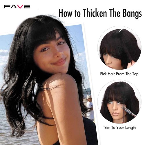 FAVE 16 Inch Human Hair Wig with Bangs 1×3 HD Lace Top Glueless Bang Wig Human Hair for Women, Natural Waves Looking,Beginner Friendly(Natural Color)