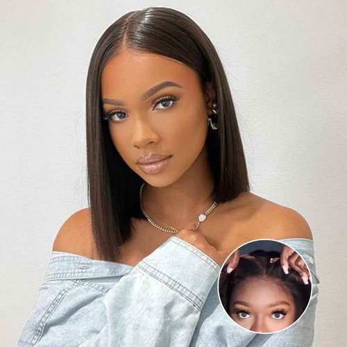 FACMOOD Wear and Go Glueless Bob Wig Human Hair Straight, 6x4 Pre-Cut HD Lace Glueless Wigs Pre-Plucked, Transparent Lace Front Closure Wigs for Women 180% Density 12 inch