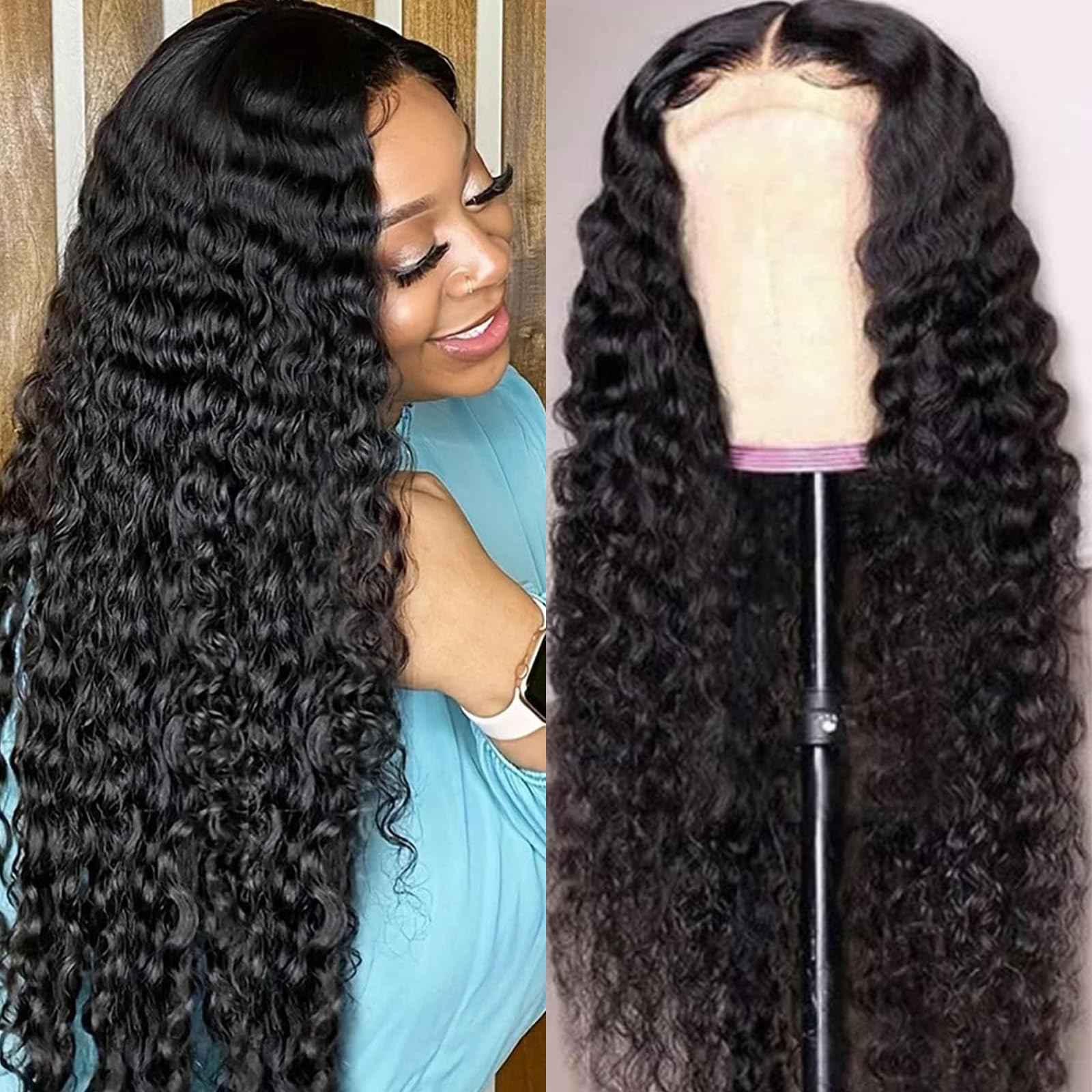 13x4 Deep Wave Lace Front Wigs Human Hair 200 Density Deep Curly Wig HD Transparent Wet and Wavy Lace Frontal Wig for Women with Baby Hair Natural Black 20 Inch