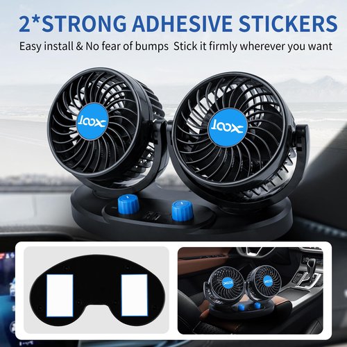 XOOL 12V Car Fan, 360 Degree Rotatable Electric Car Fans, 2 Speed Dual Head Fans with 2 USB Charging Ports, Quiet Strong Cooling Air Fan for Truck Vehicle Boat Van SUV RV