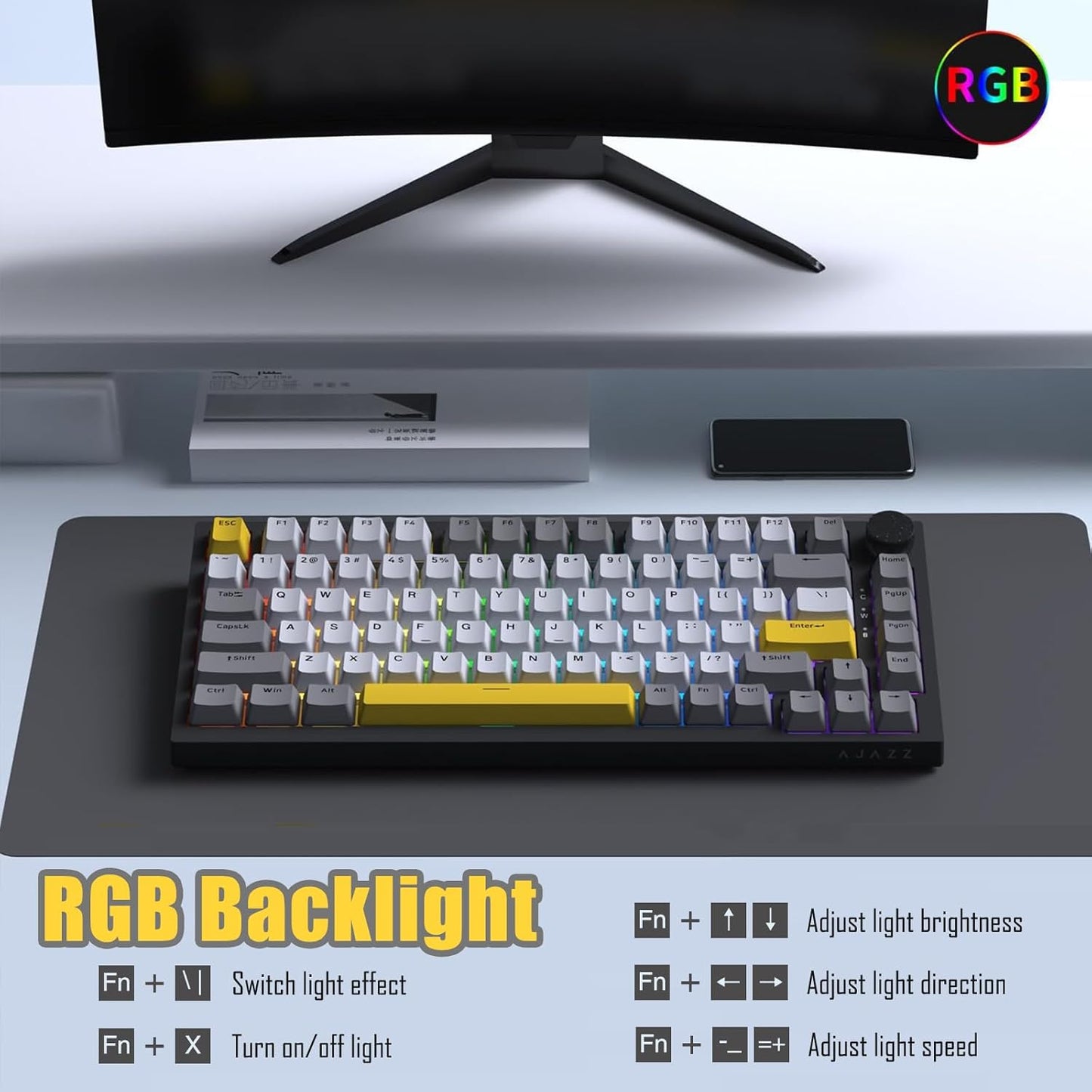 AJAZZ AK820 Pro 75% Gasket RGB Wireless Mechanical Keyboard with TFT Screen, Volume knob, Bluetooth/2.4G/Wired 3-Modes, Compact 82 Hot-Swap Keys, Tricolor PBT Keycap, 4000 mAh (Gray&Yellow 3-Modes)