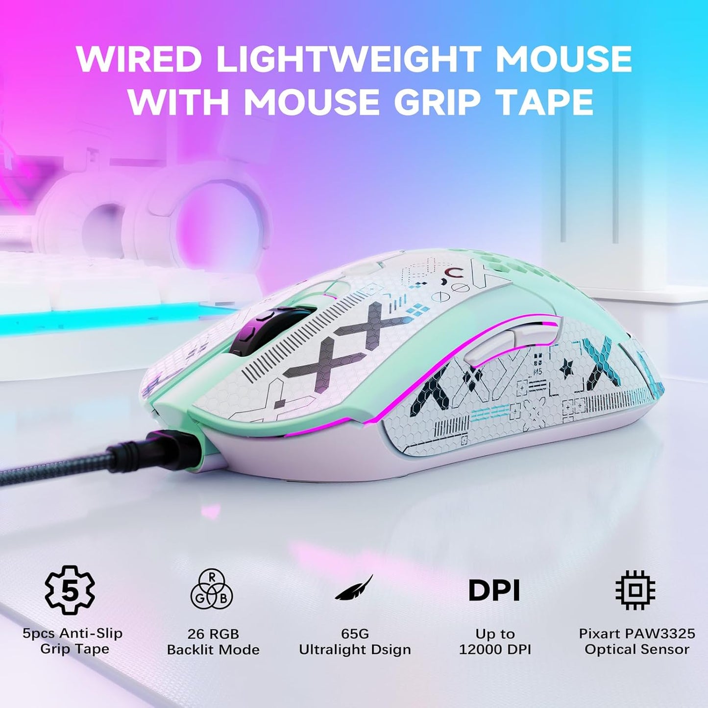 ZIYOU LANG M5 RGB Lightweight Wired Gaming Mouse with 12000 DPI 6 Programmed Buttons,65G Honeycomb Shell,Ultralight Ultraweave Cable,Pixart 3325 Optical Sensor Gamer Mice(Green)