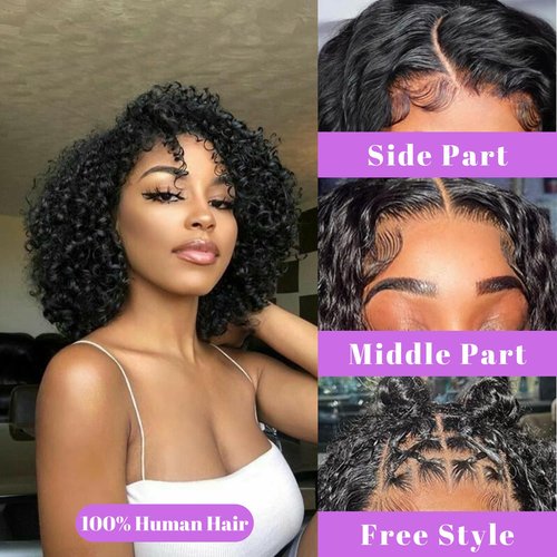 Glueless Wigs Human Hair Pre Plucked Pre Cut Kinky Curly Short Wear and Go Glueless Bob Wigs For Black Women Wet and Wavy Swiss Hd Transparent Lace Closure Wig 5x5 180% Density Middle Part (1B#16inch)