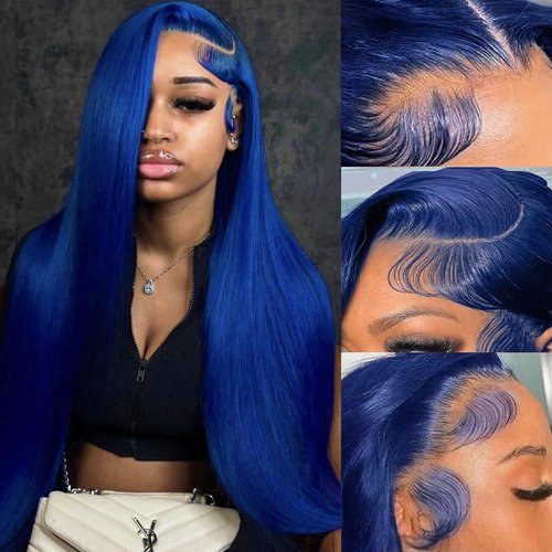 PANDA ANGEL Blue Lace Front Wigs Human Hair Straight 13x4 Lace Frontal Wig Dark Blue Glueless Hd Transparent Lace Front Wigs 180% Density Straight Human Hair Wigs for Women 20 Inch