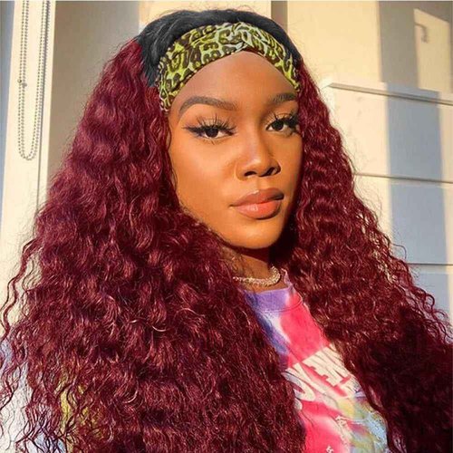 Unvizossa 24inch 1B/99J Burgundy Ombre Headband Wig Deep Wave Human Hair Wigs Headband Wig 150% Density Half Glueless None Lace Front Wigs Brazilian Virgin Human Hair Headband Wigs for Black Women