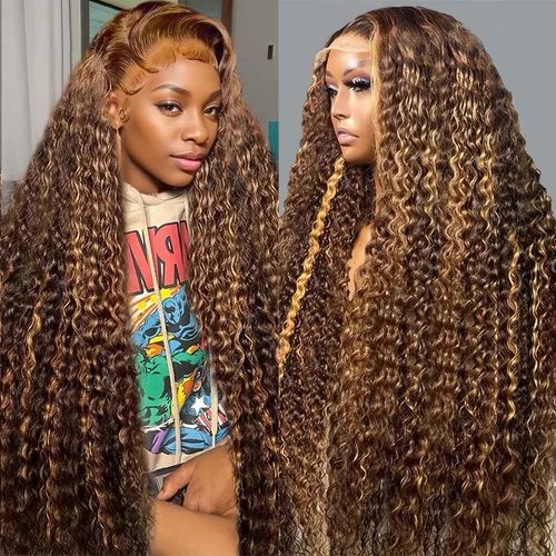 ACIWP Highlight Ombre Lace Front Wig Human Hair Pre Plucked 13x6 HD Honey Blonde 4/27 Deep Wave Lace Frontal Wigs 200% Density Glueless Colored Wigs for Women Wet and Wavy Lace Front 28 Inch