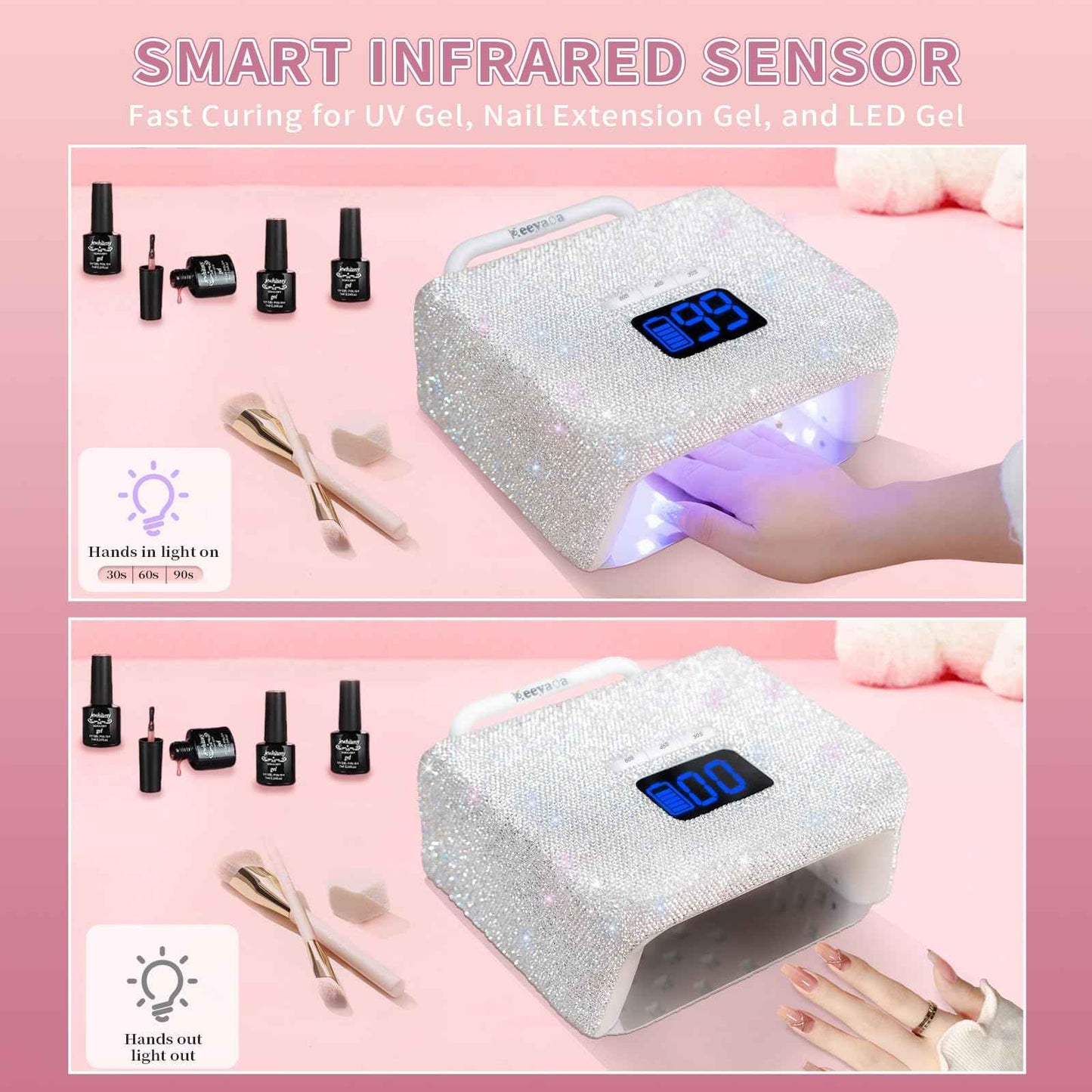 keeyada 220W UV LED Nail Lamp, UV Light for Gel Nails, Wireless Rechargeable Professional Curing Lamp, with Portable Handle and Sparkly Rhinestones, LCD Display, Easy to Carry for Salon & Home