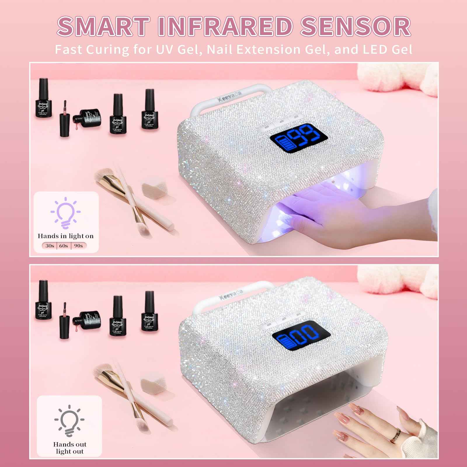 keeyada 220W UV LED Nail Lamp, UV Light for Gel Nails, Wireless Rechargeable Professional Curing Lamp, with Portable Handle and Sparkly Rhinestones, LCD Display, Easy to Carry for Salon & Home