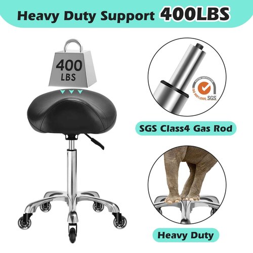 Ergonomic Saddle Stool with wheels - Upgraded Thicker Leather Seat Cushion, Healthy Posture Correction, Silky Smooth Gliding, Adjustable Rolling Saddle Stool Chair for Salon Medical Massage, Black