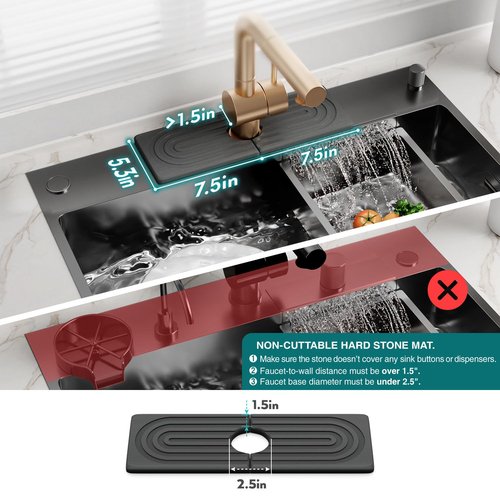 eormoe Faucet Mat for Kitchen Sink - Wider Diatomite Fast Drying Stone Sink Tray, Super Absorbent, Prevents Moisture Buildup - Faucet Splash Guard for Bathroom Counter (Dark Grey, 15x5.3inch)