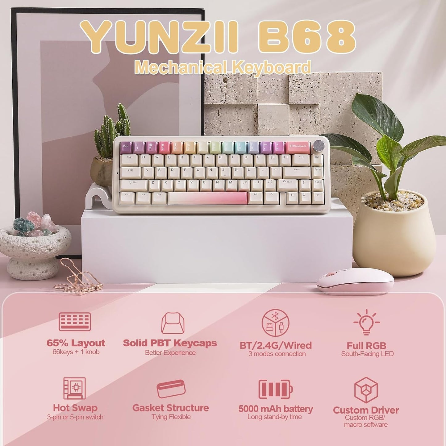 YUNZII B68 Wireless Mechanical Keyboard,Tri-Mode BT5.0/2.4GHz/USB-C,Cute PBT Keycaps,Hot Swappable Creamy Typing Gasket Mounted,RGB Backlit NKRO for Win/Mac (Beige, Milk V2 Switch)